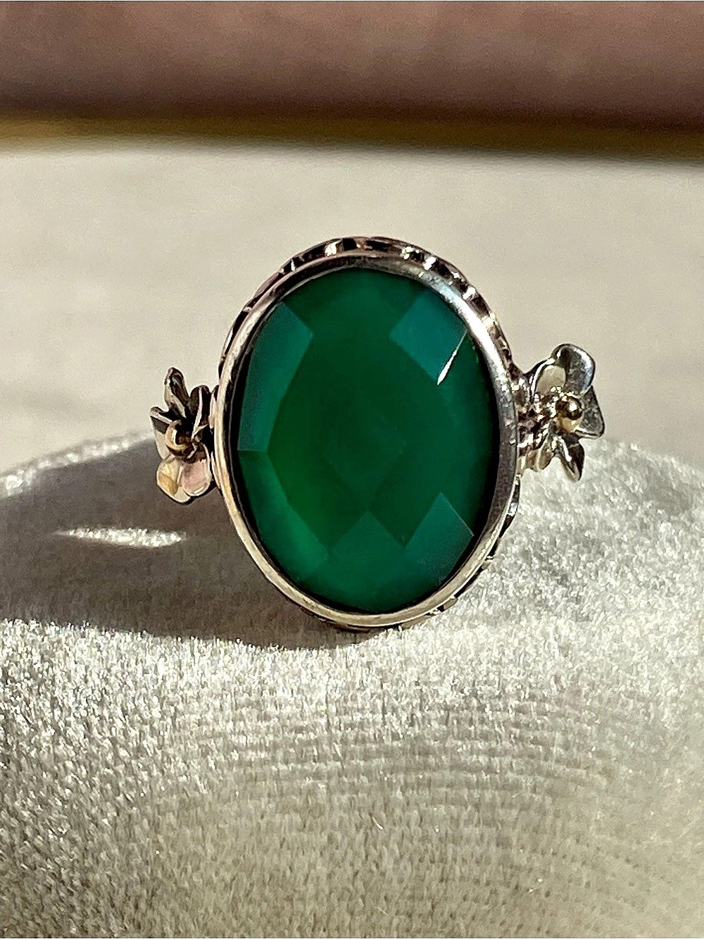 Sterling and Faceted Oval Green Agate Ring Oval Ring